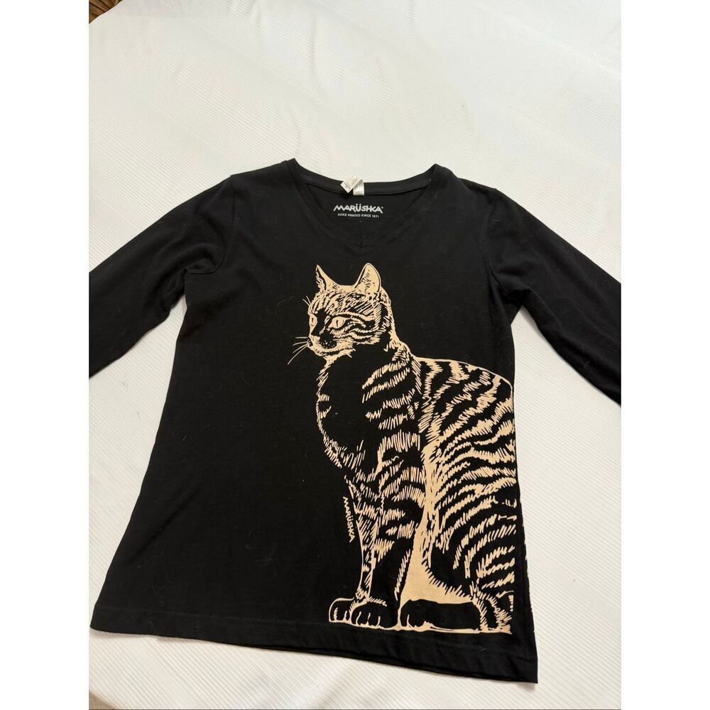 Marushka Hand Printed Cat Print Black Long Sleeve Shirt Size Medium